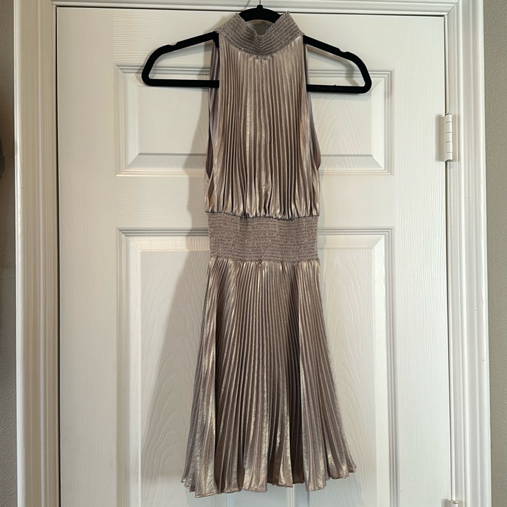 A.L.C Gold Metallic Pleated Halter Mini Dress Size 0